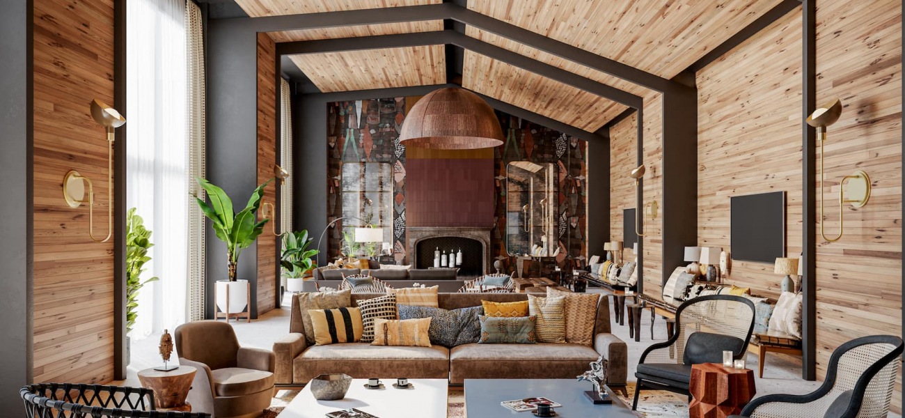 rendering of modern clubroom with ample seating, cozy colors and wooden tables