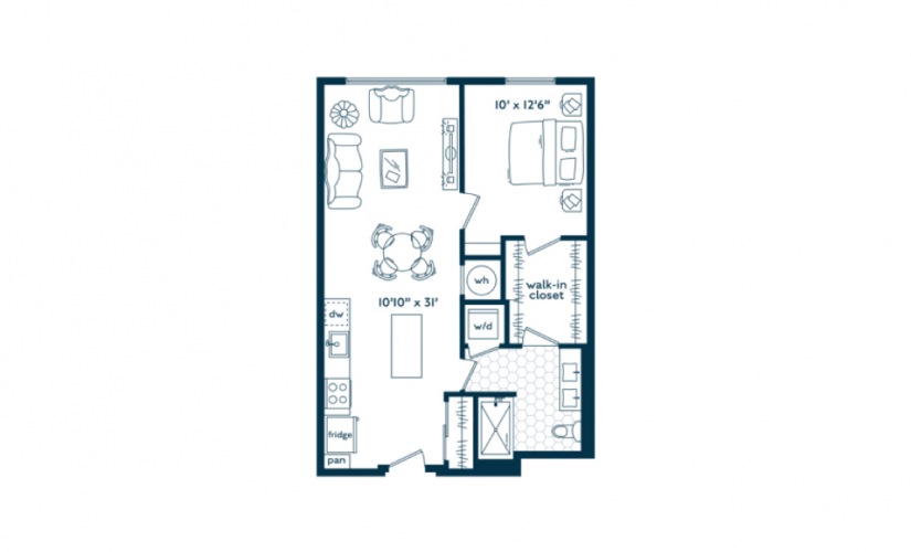 A4B - 1 bedroom floorplan layout with 1 bath and 703 square feet.