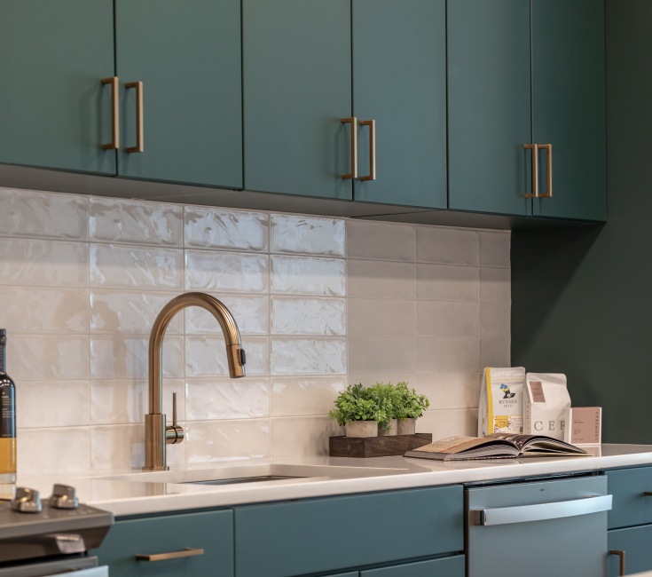 3 unique finishes  select from 3 unique finishes, green kitchen cabinets with white back splash